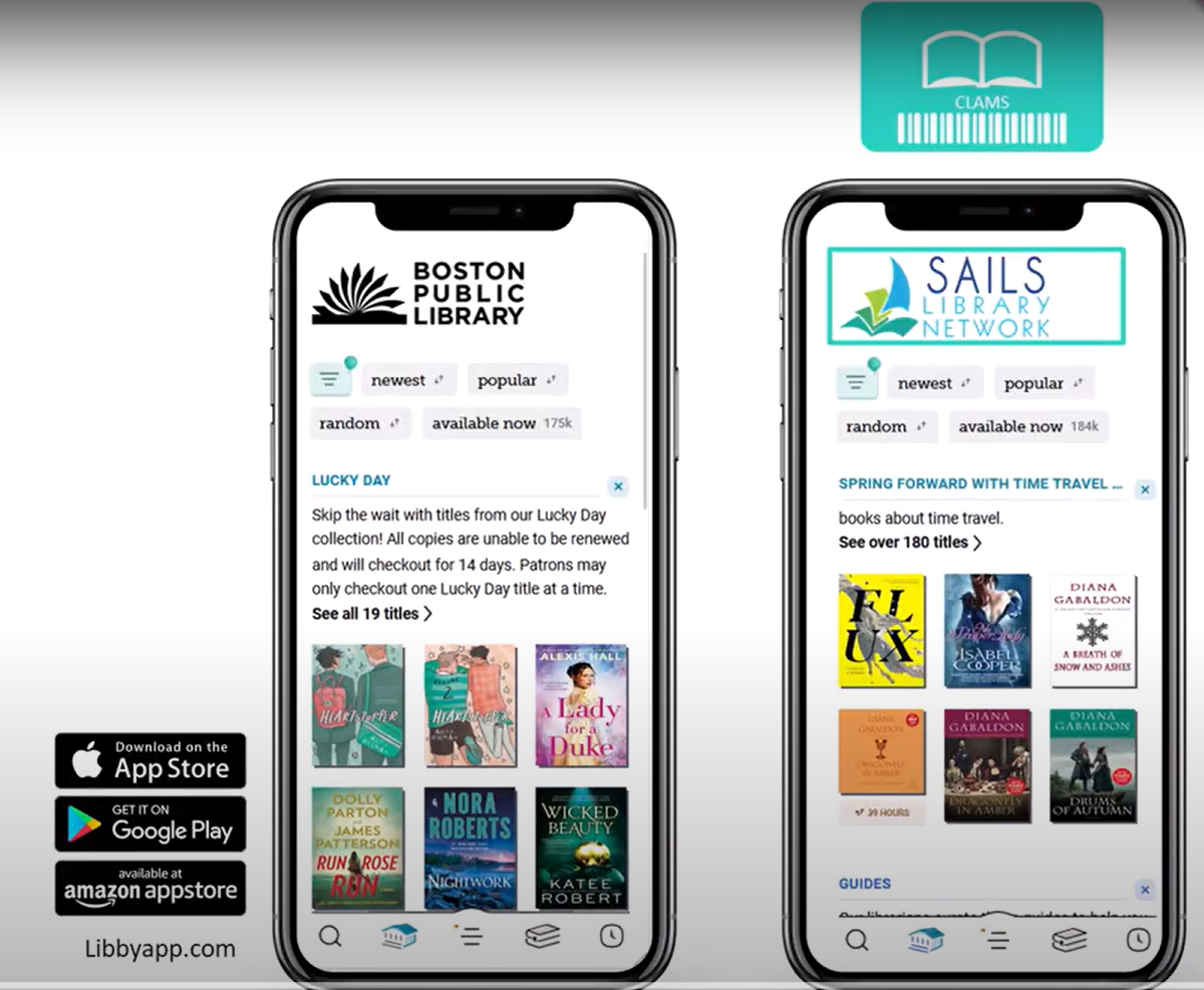 An image of two cell phone screens showing different digital collections in Boston Public Library and the SAILS Library Network